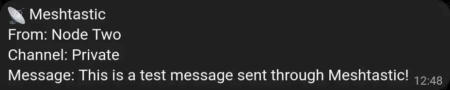 Telegram notification with the content forwarded from a Meshtastic message.