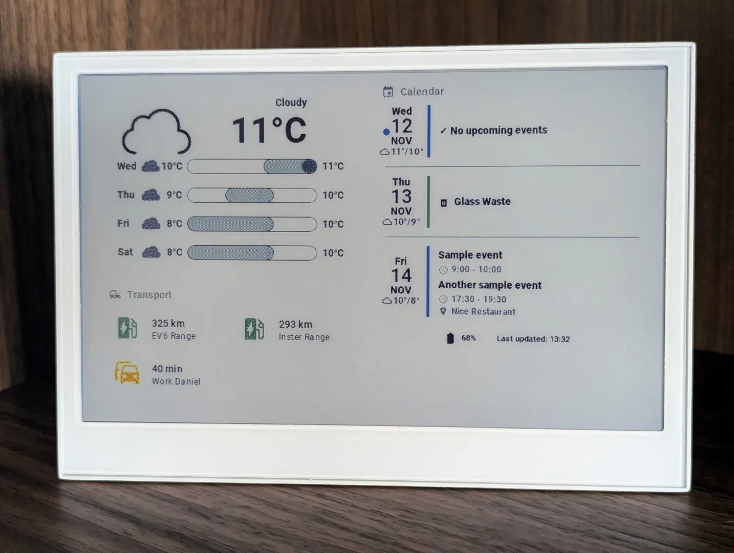 The E1002 colour epaper displaying an Home Assistant dashboard.