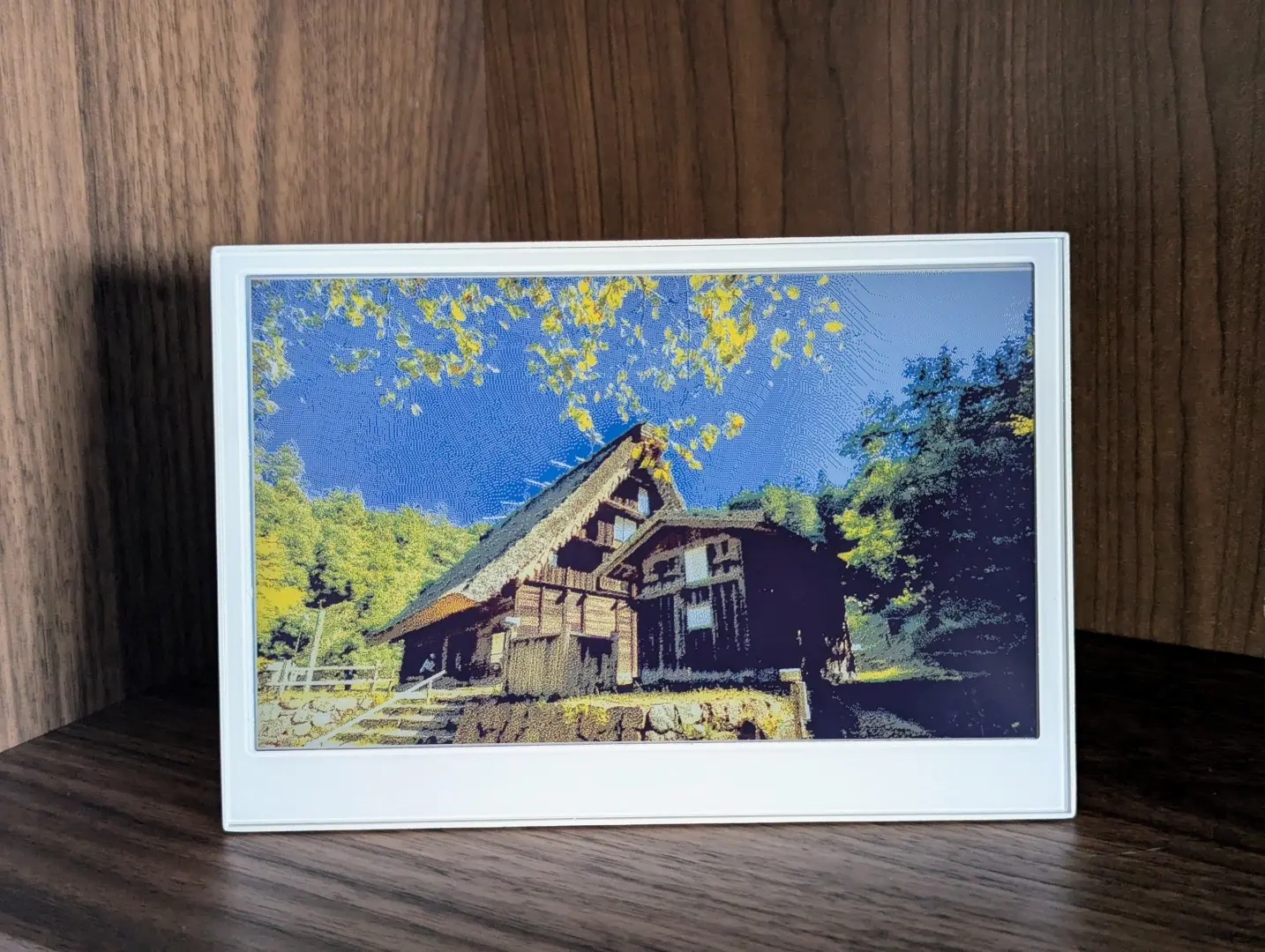 The E1002 colour epaper display with a colour photo being displayed.