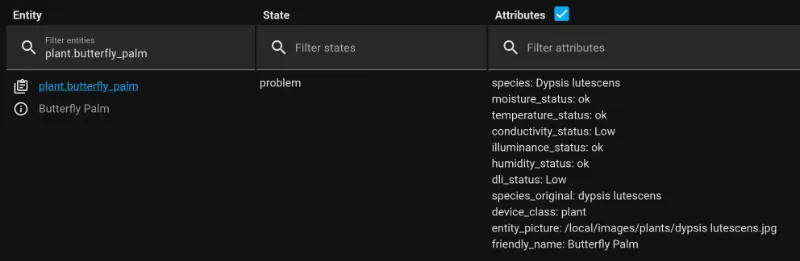 The plant entity details within Home Assistant.