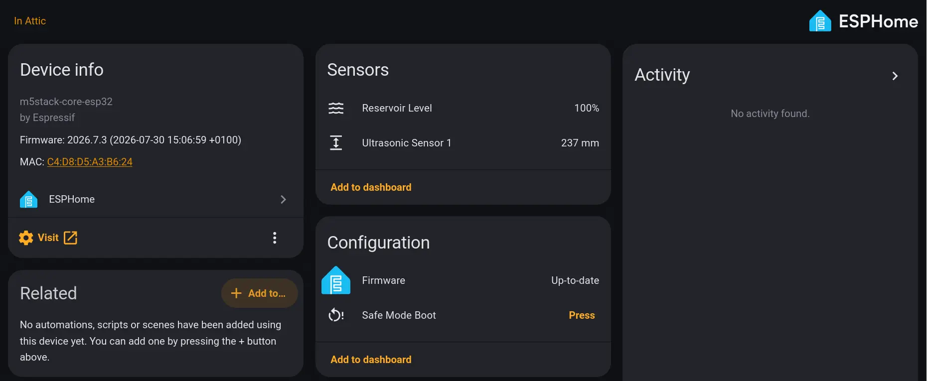 The sensor in Home Assistant, with the tank level as a percentage.