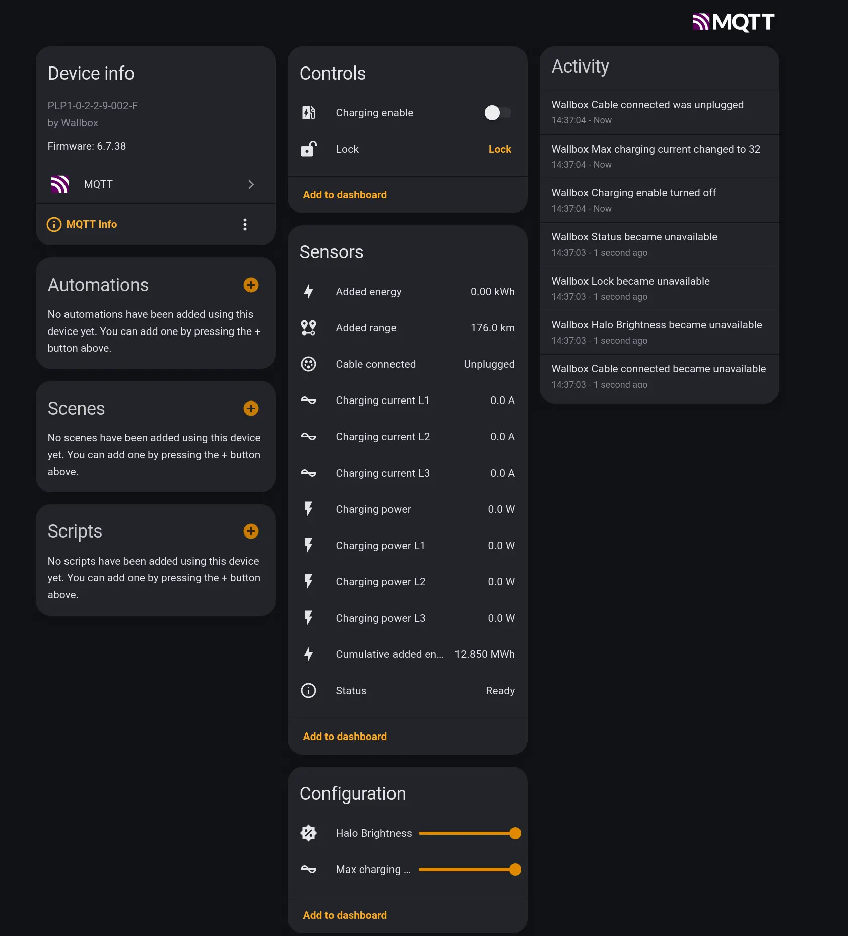 The MQTT controls and sensors available via Home Assistant