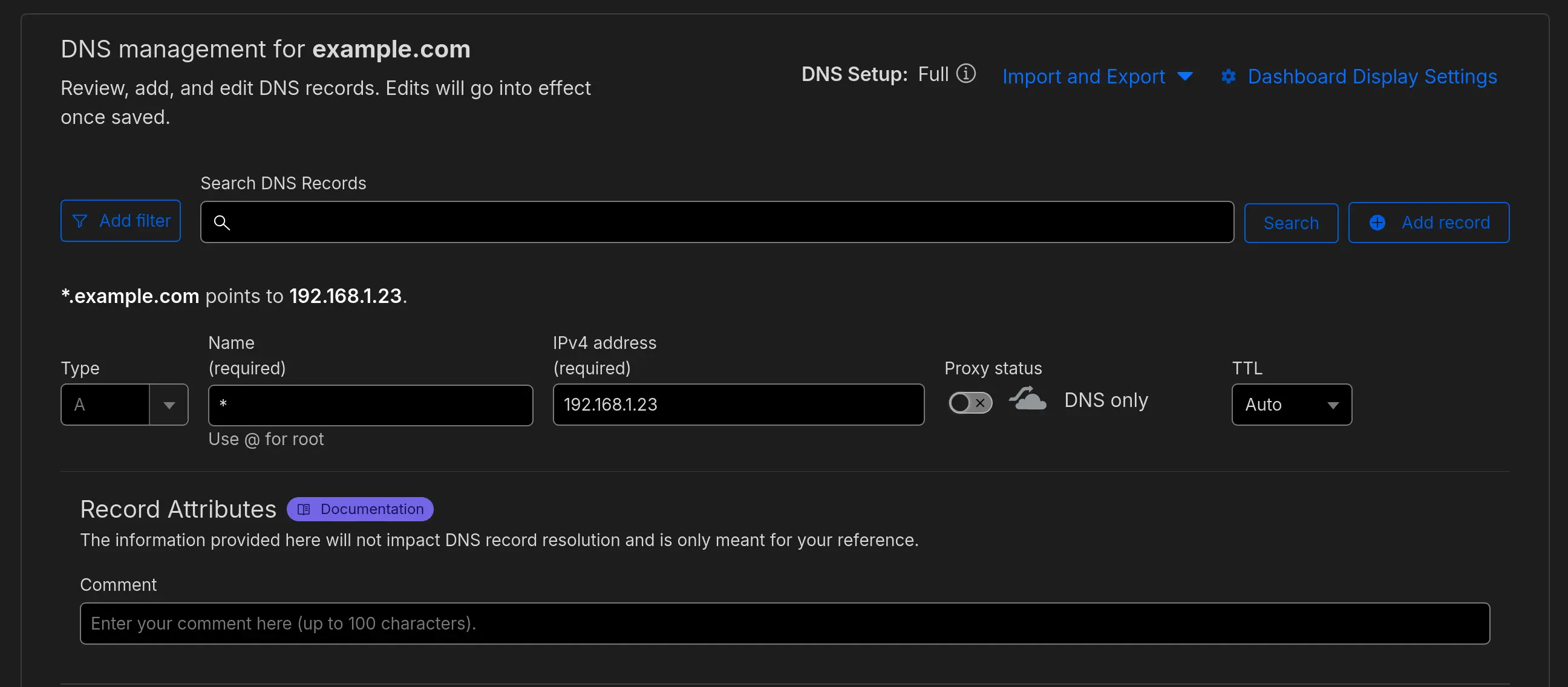 Creating a DNS Record entry in Cloudflare