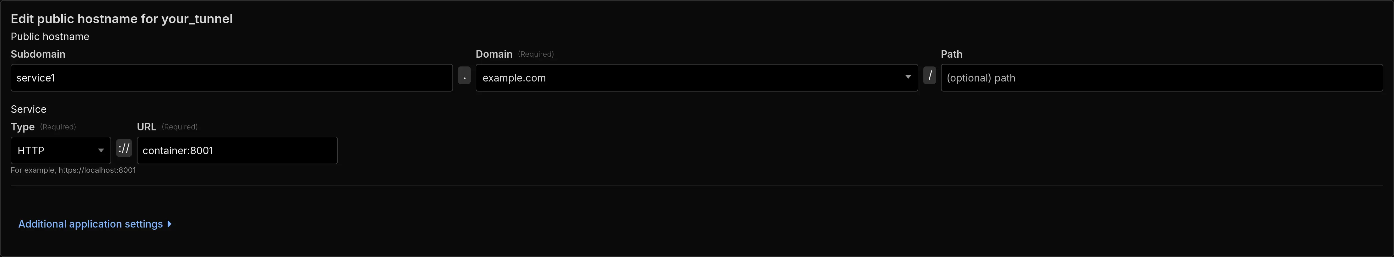 A sample public hostname entry for a Cloudflared tunnel
