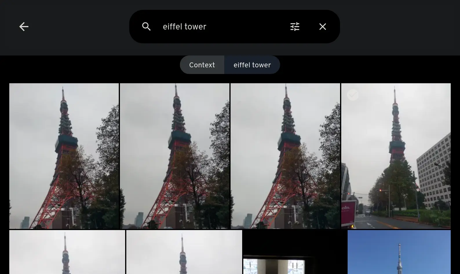 Immich search result showing the Tokyo Tower