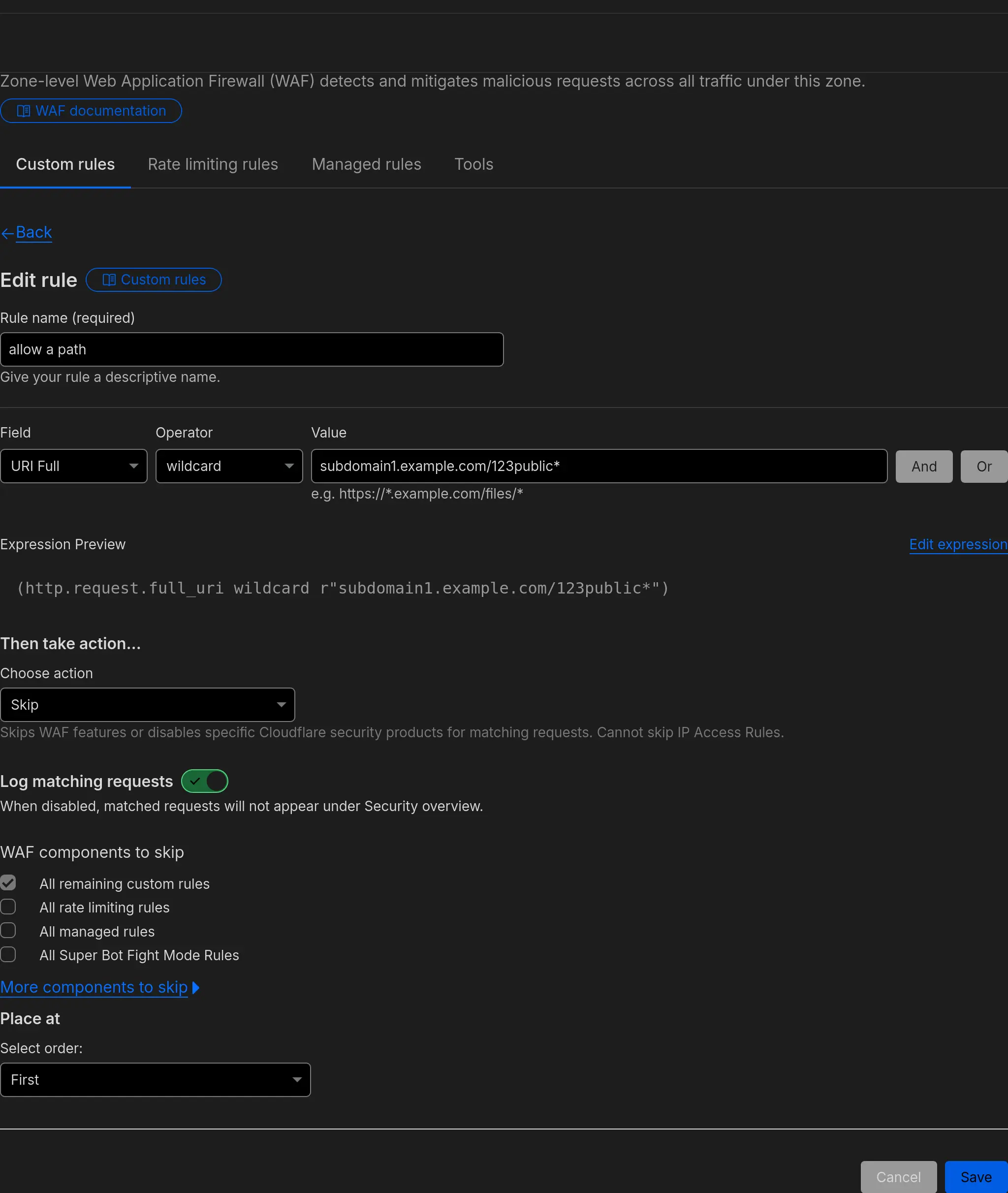 WAF rule to allow a URI